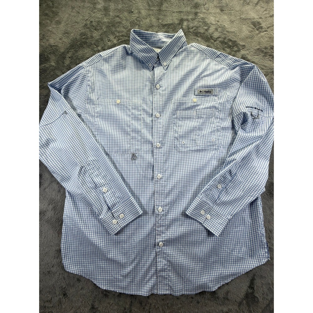 Columbia PFG Tamiami II Fishing Shirt Mens Large Blue Plaid Long Sleeve UPF 40